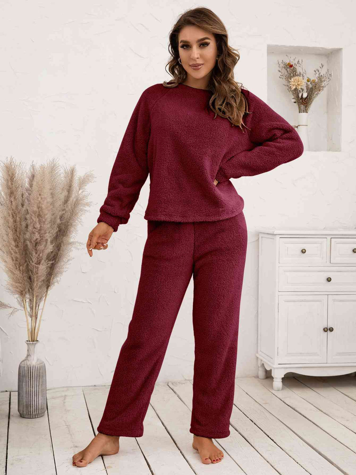 Teddy Long Sleeve Top and Pants Lounge Set  Shop One Place
