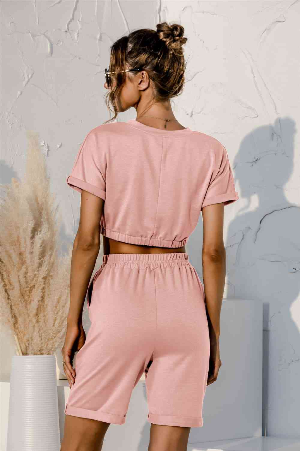 Short Sleeve Cropped Top and Drawstring Shorts Lounge Set  Shop One Place