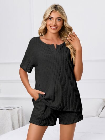 Notched Short Sleeve and Shorts Lounge Set  Shop One Place