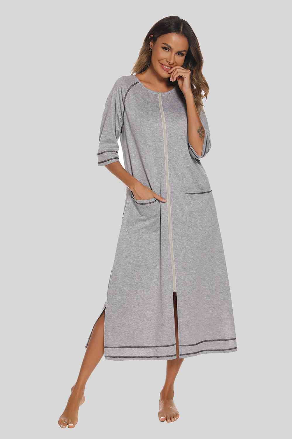 Zip Up Slit Round Neck Night Dress with Pockets  Shop One Place