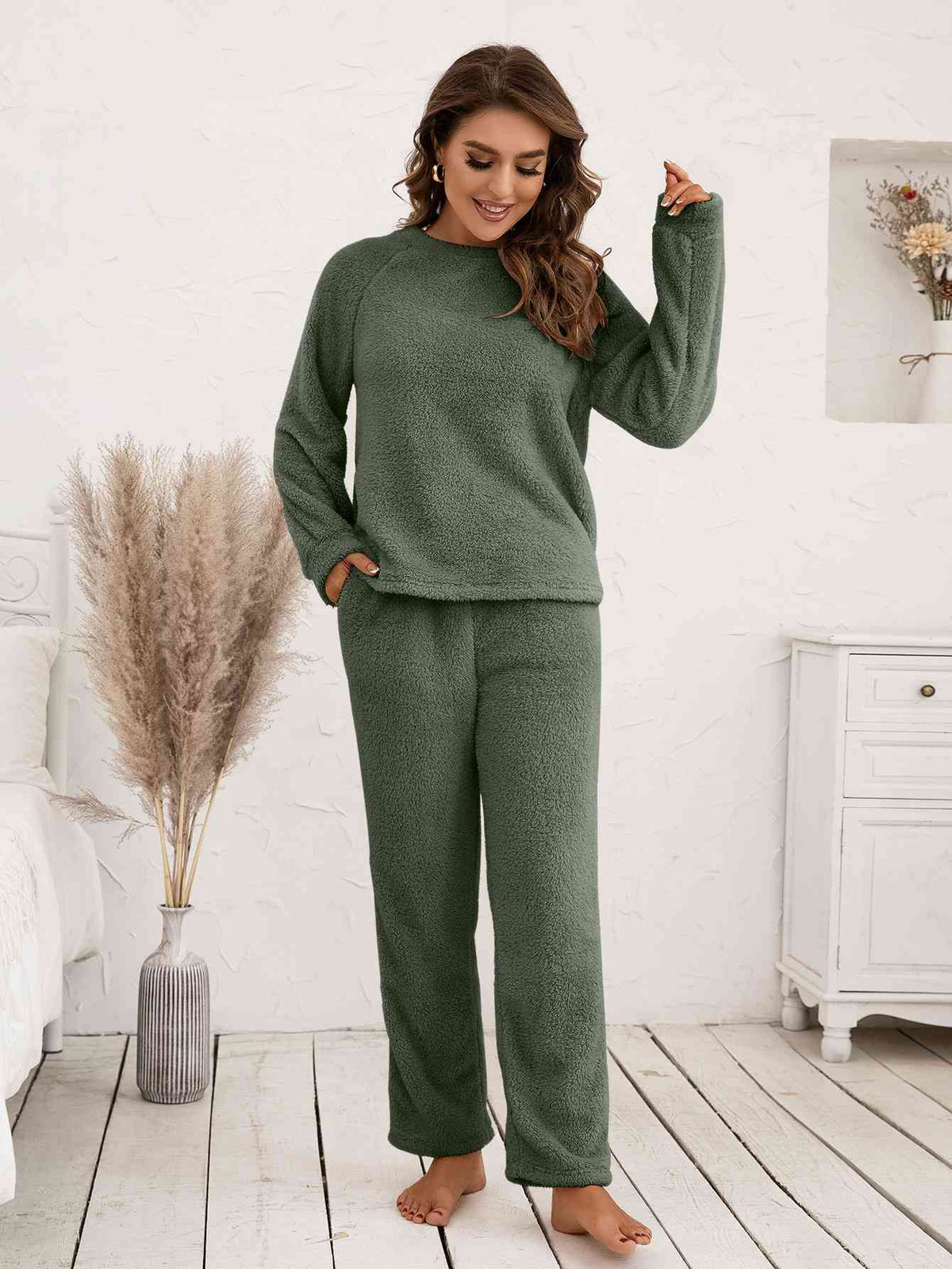 Teddy Long Sleeve Top and Pants Lounge Set  Shop One Place