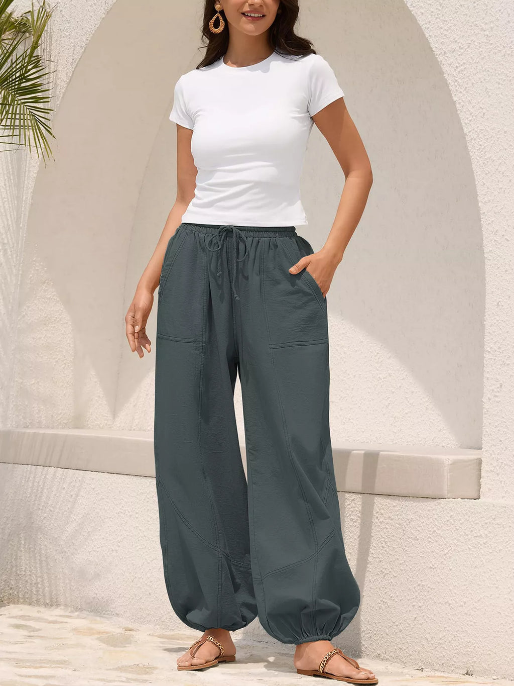 Pantalones jogger harén de ajuste holgado casuales con cordón para mujer