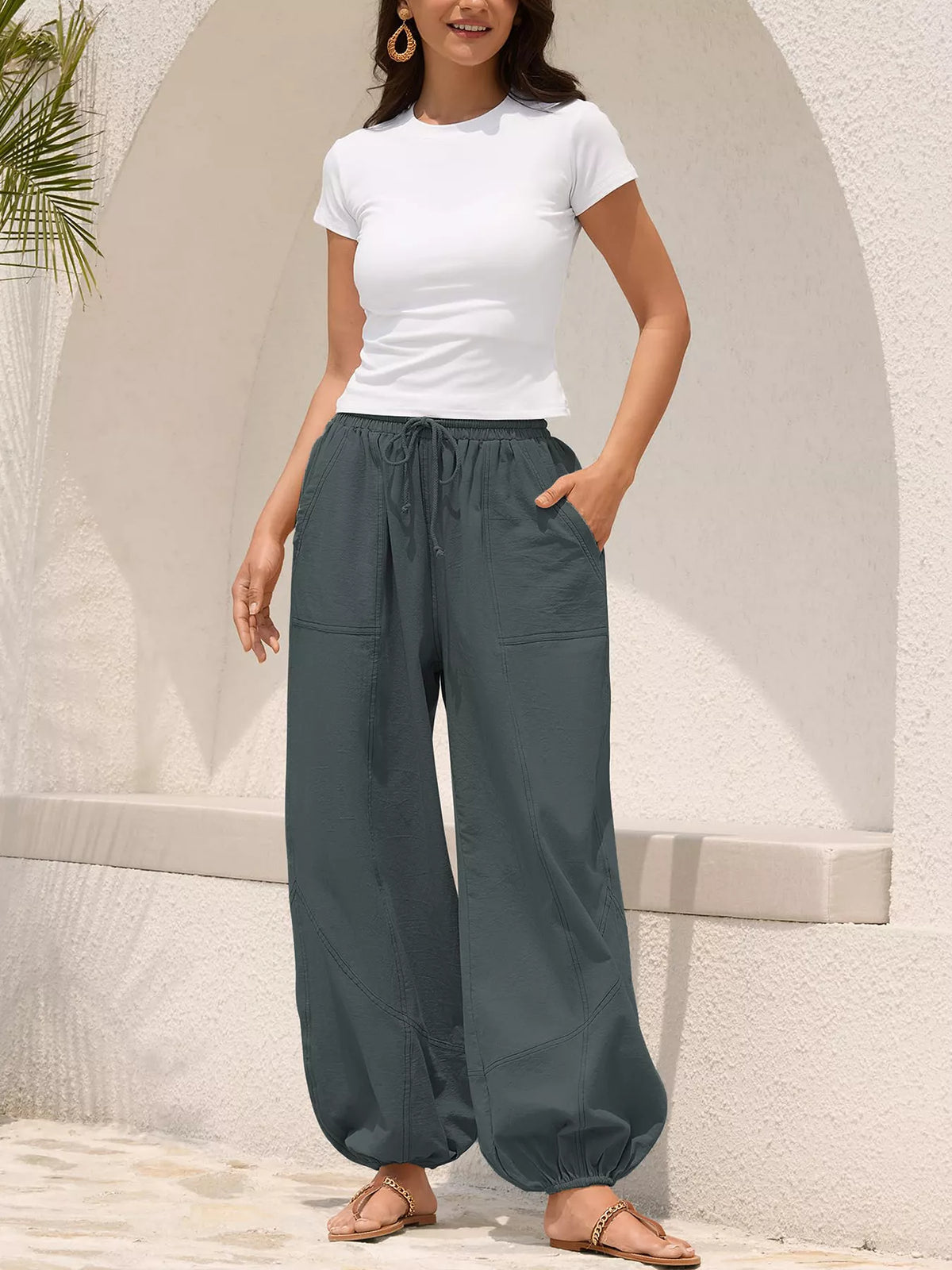 Pantalones jogger harén de ajuste holgado casuales con cordón para mujer