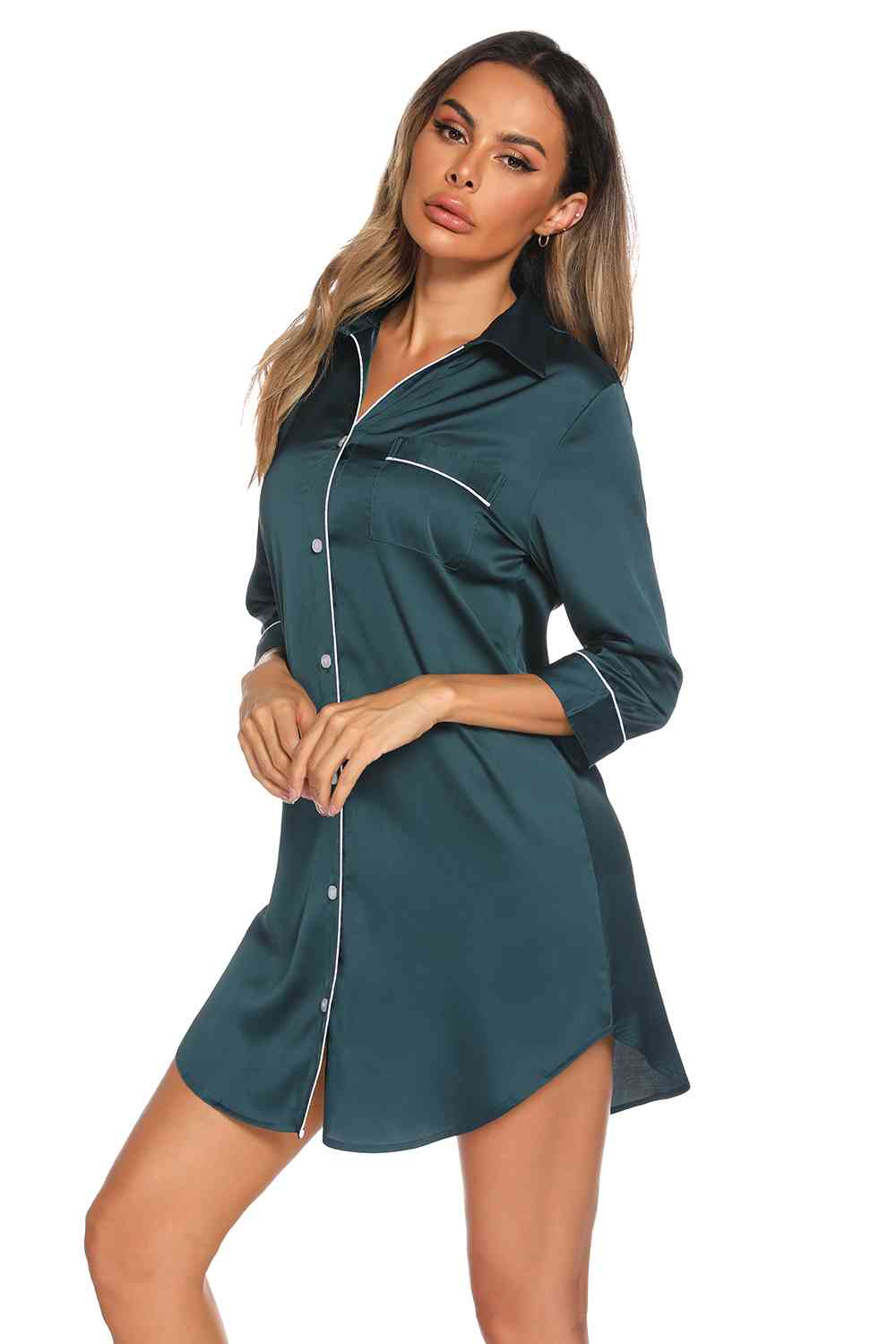 Button Up Collared Neck Night Dress with Pocket  Shop One Place