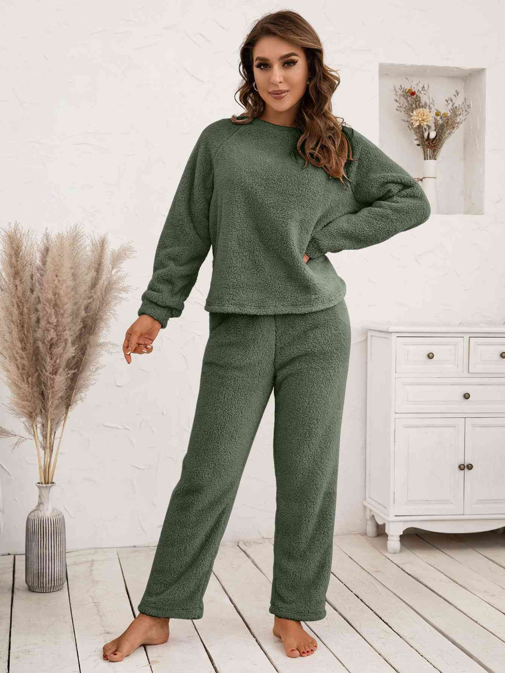 Teddy Long Sleeve Top and Pants Lounge Set  Shop One Place