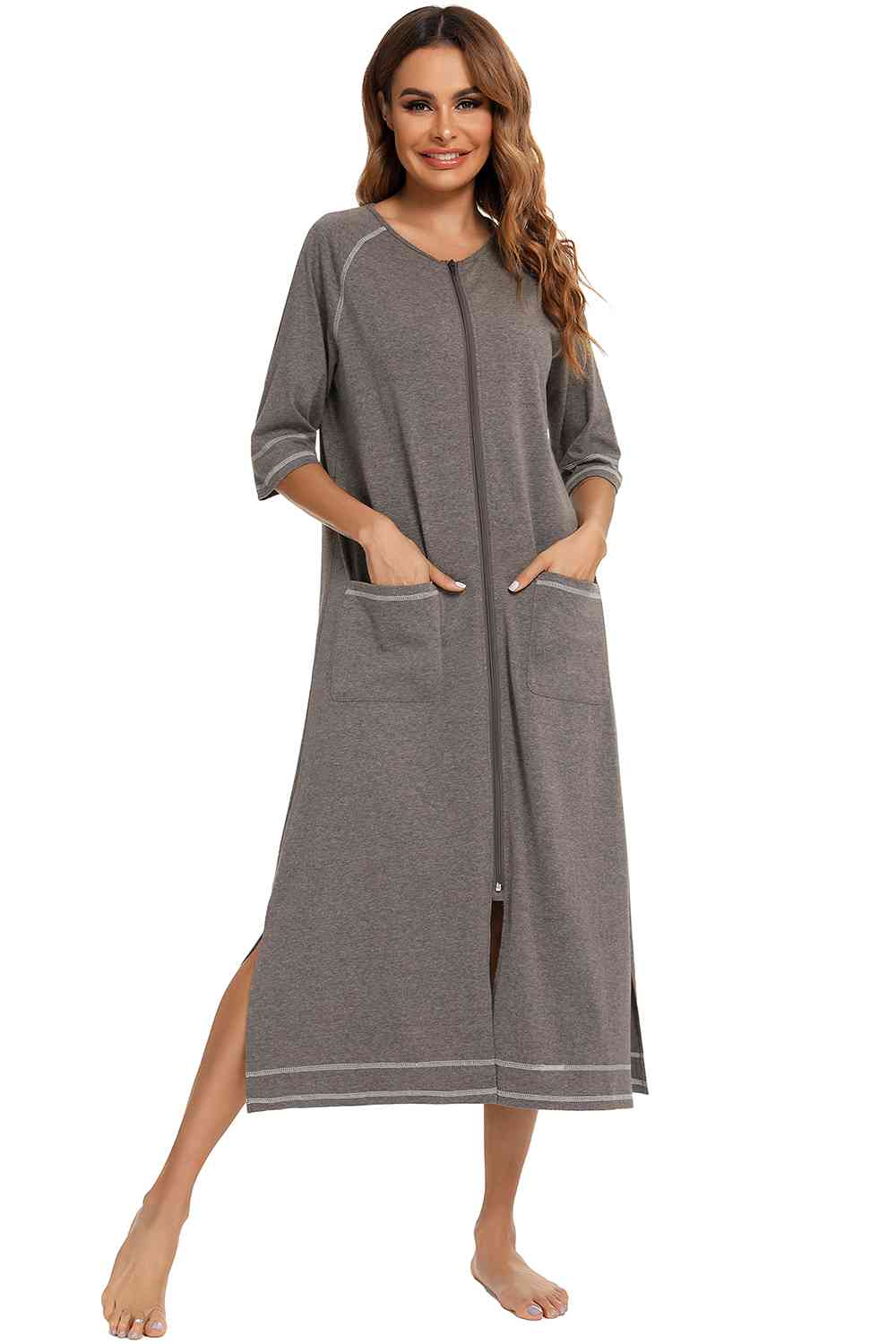 Zip Up Slit Round Neck Night Dress with Pockets  Shop One Place