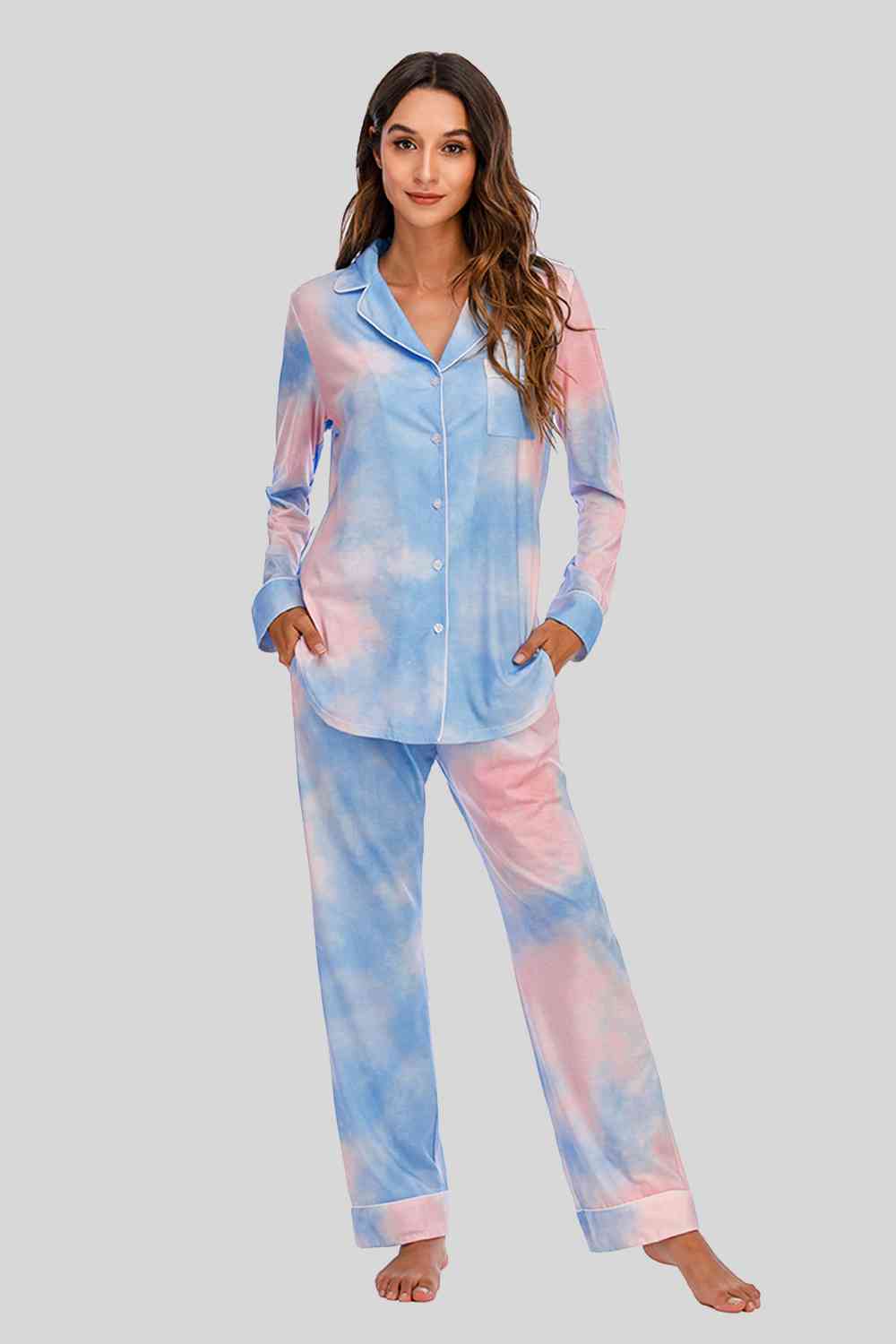Collared Neck Long Sleeve Loungewear Set with Pockets  Shop One Place