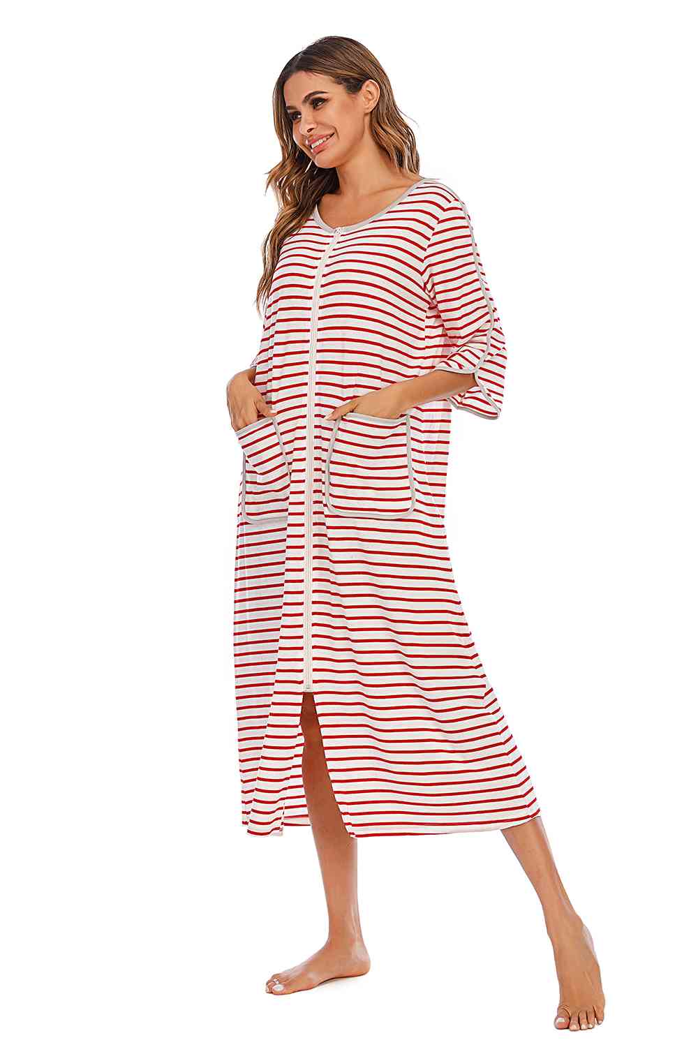 Round Neck Three-Quarter Sleeve Midi Night Dress  Shop One Place