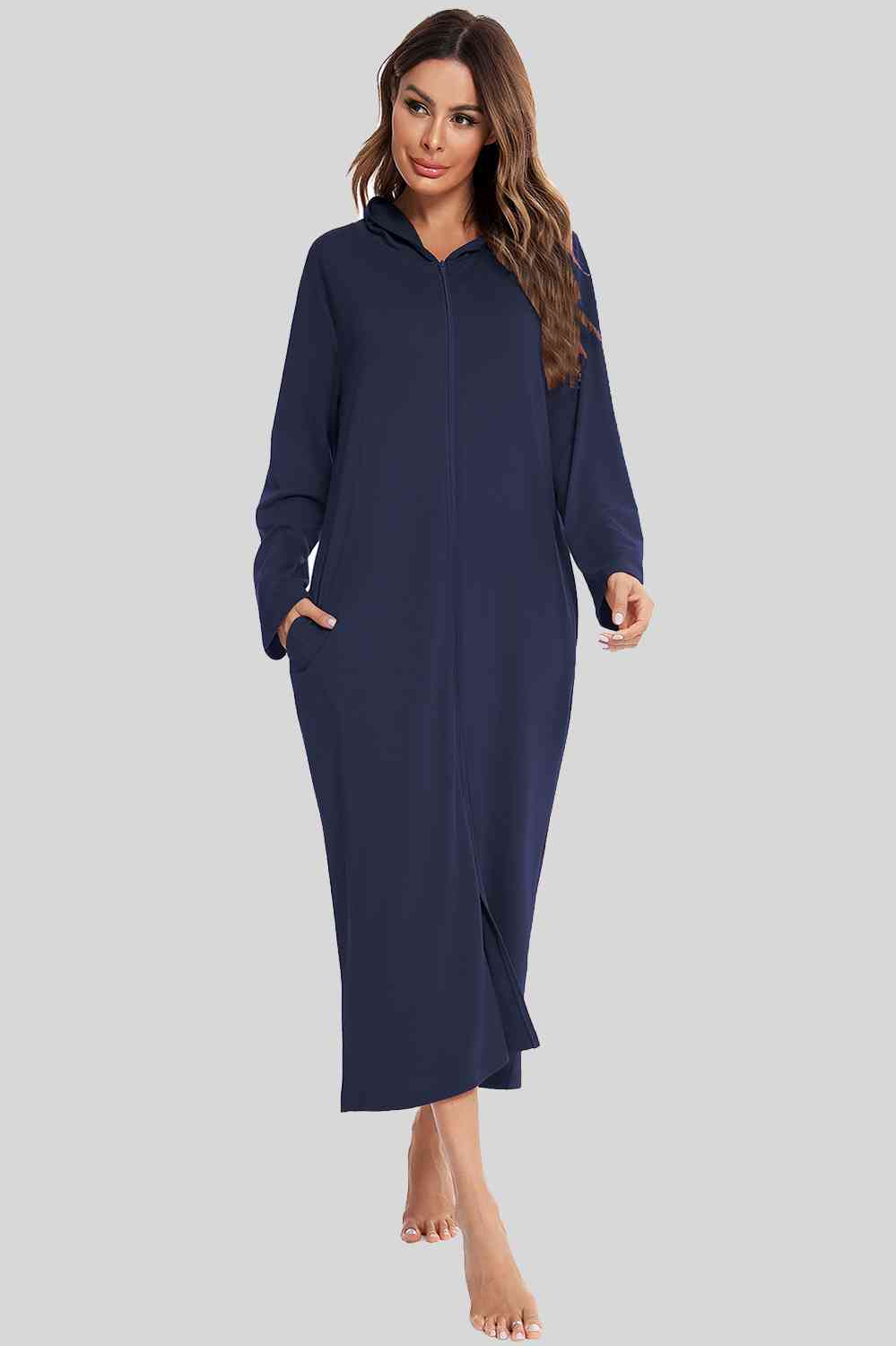 Zip Front Hooded Night Dress with Pockets  Shop One Place