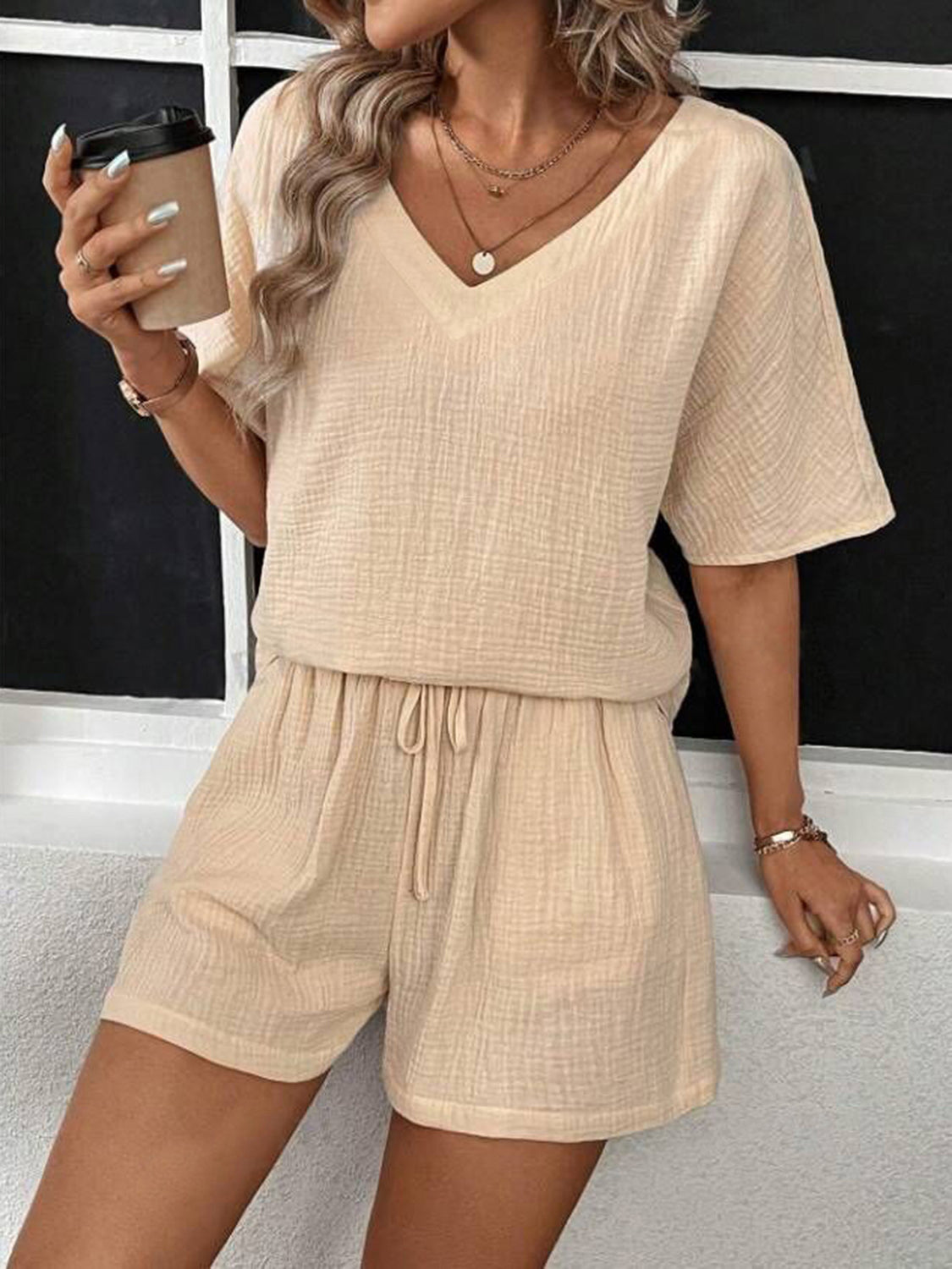 V-Neck Half Sleeve Top and Shorts Set  Shop One Place