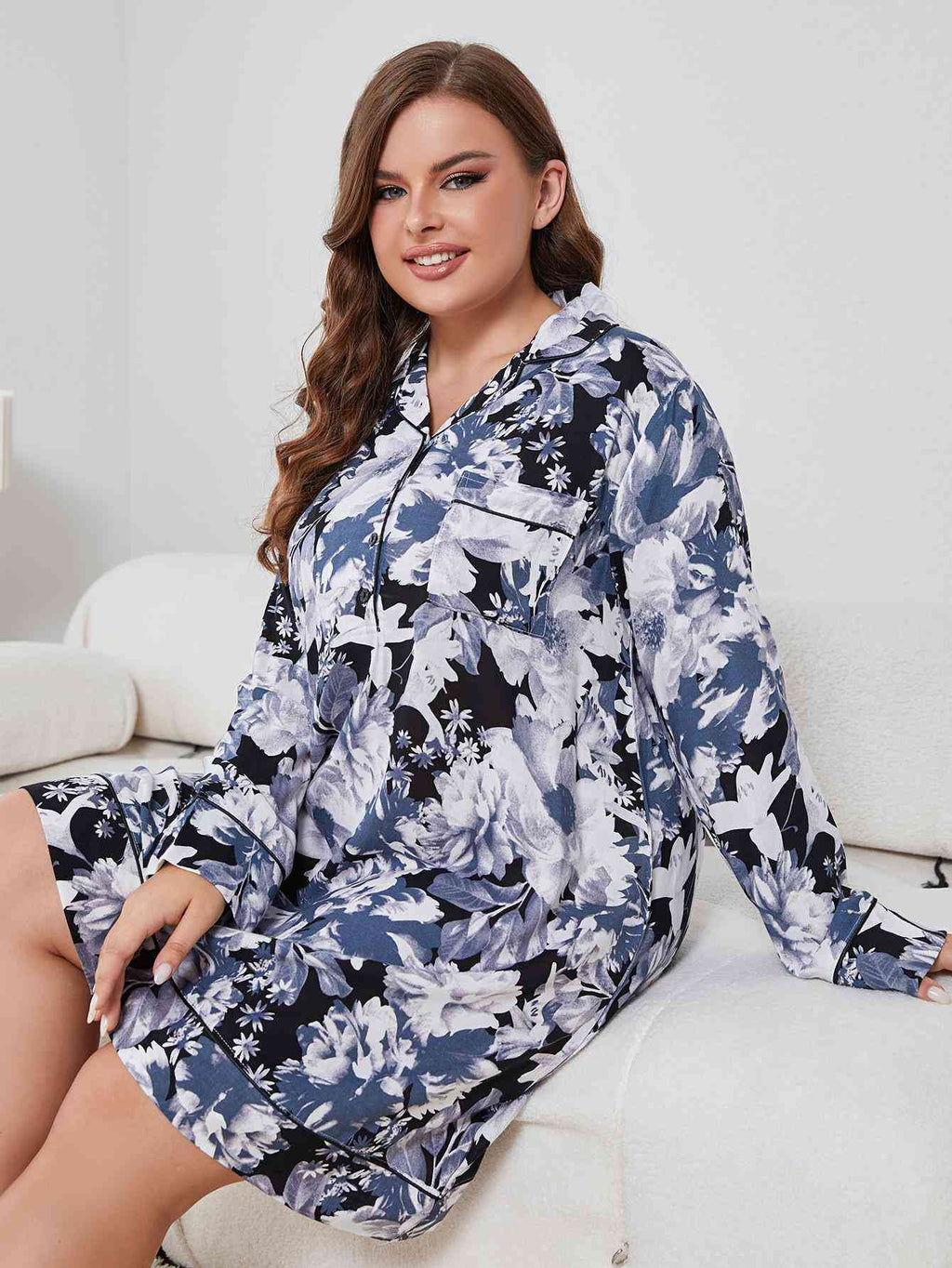 Plus Size Floral Lapel Collar Long Sleeve Night Dress  Shop One Place