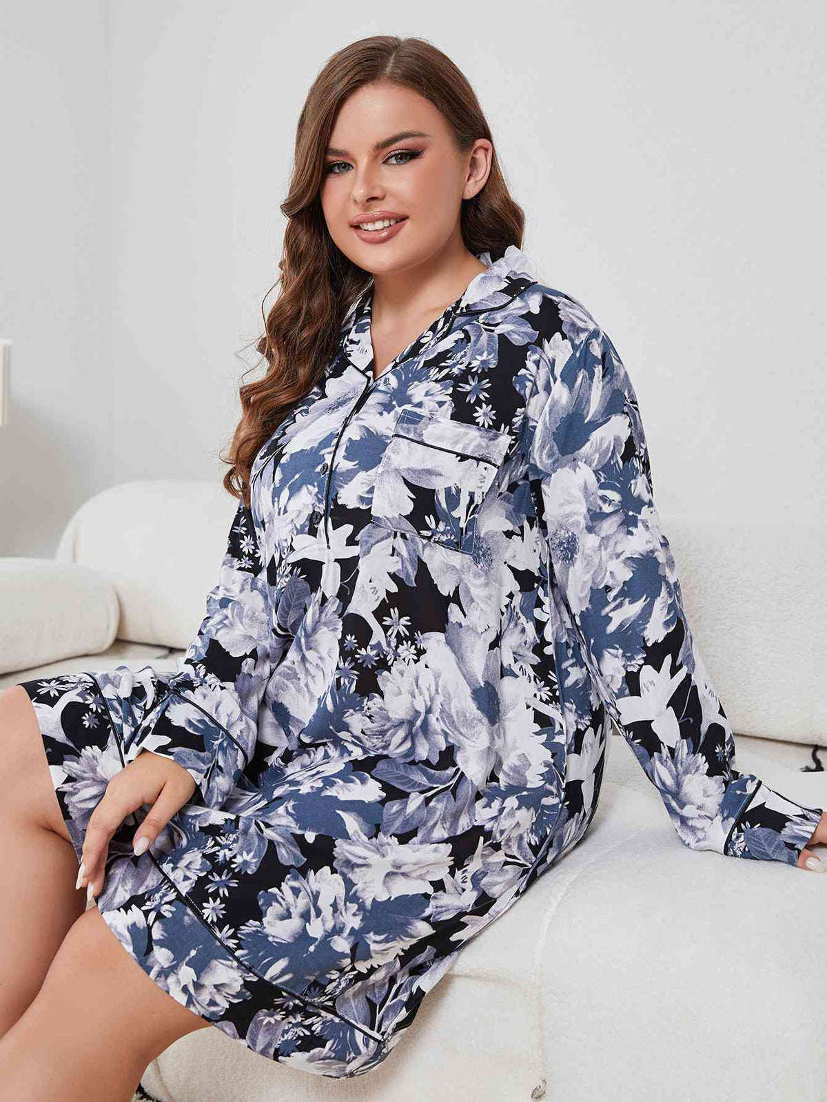 Plus Size Floral Lapel Collar Long Sleeve Night Dress  Shop One Place