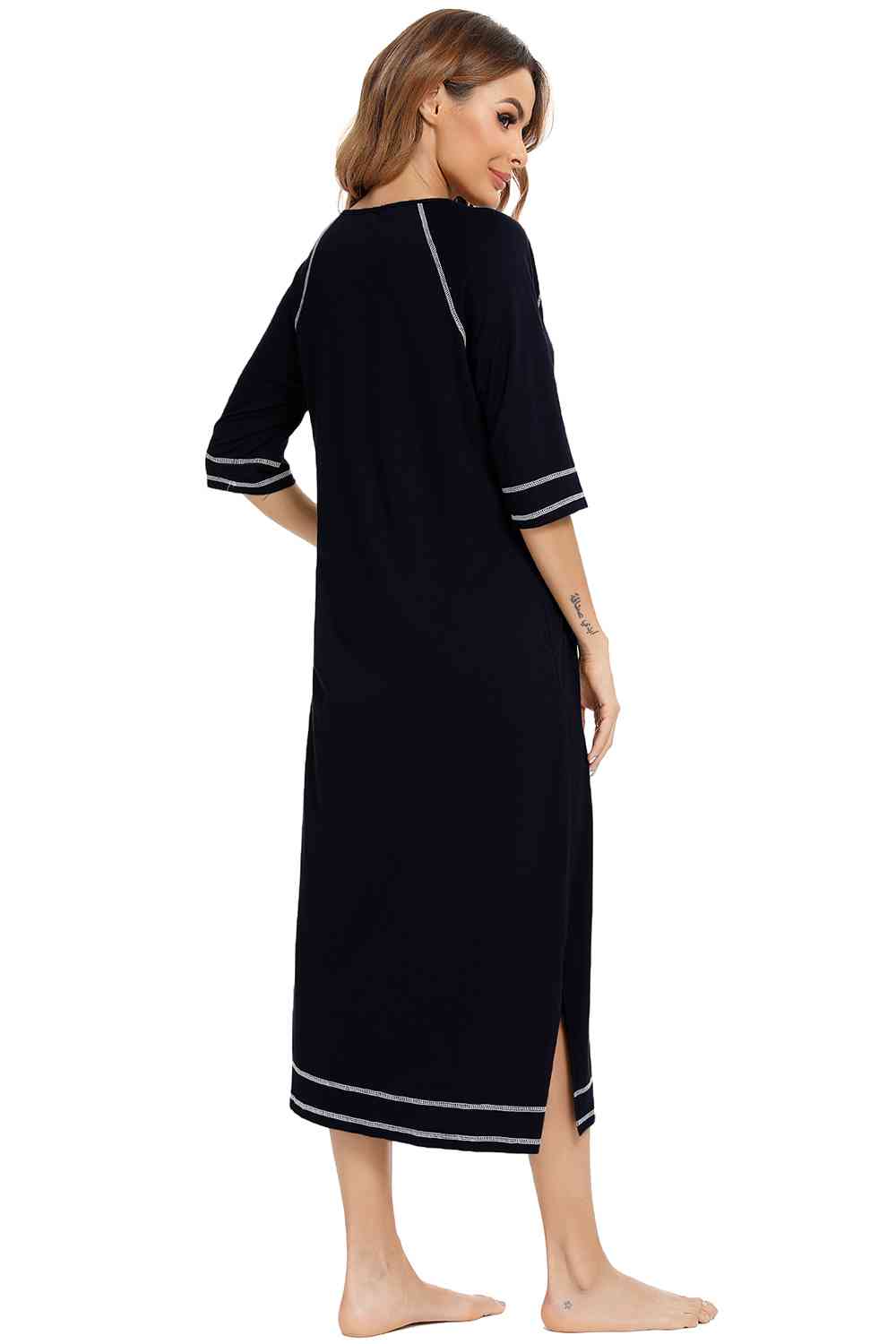 Zip Up Slit Round Neck Night Dress with Pockets  Shop One Place