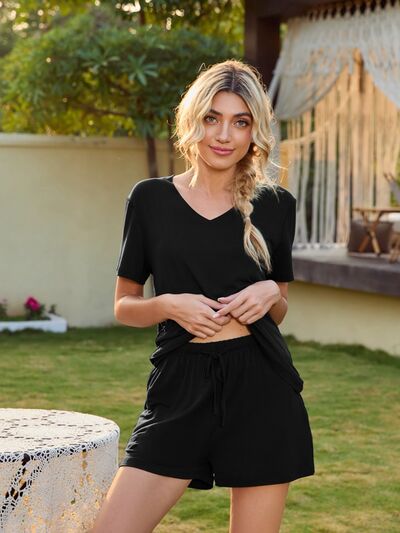 V-Neck Short Sleeve Top and Pocketed Shorts Lounge Set  Shop One Place
