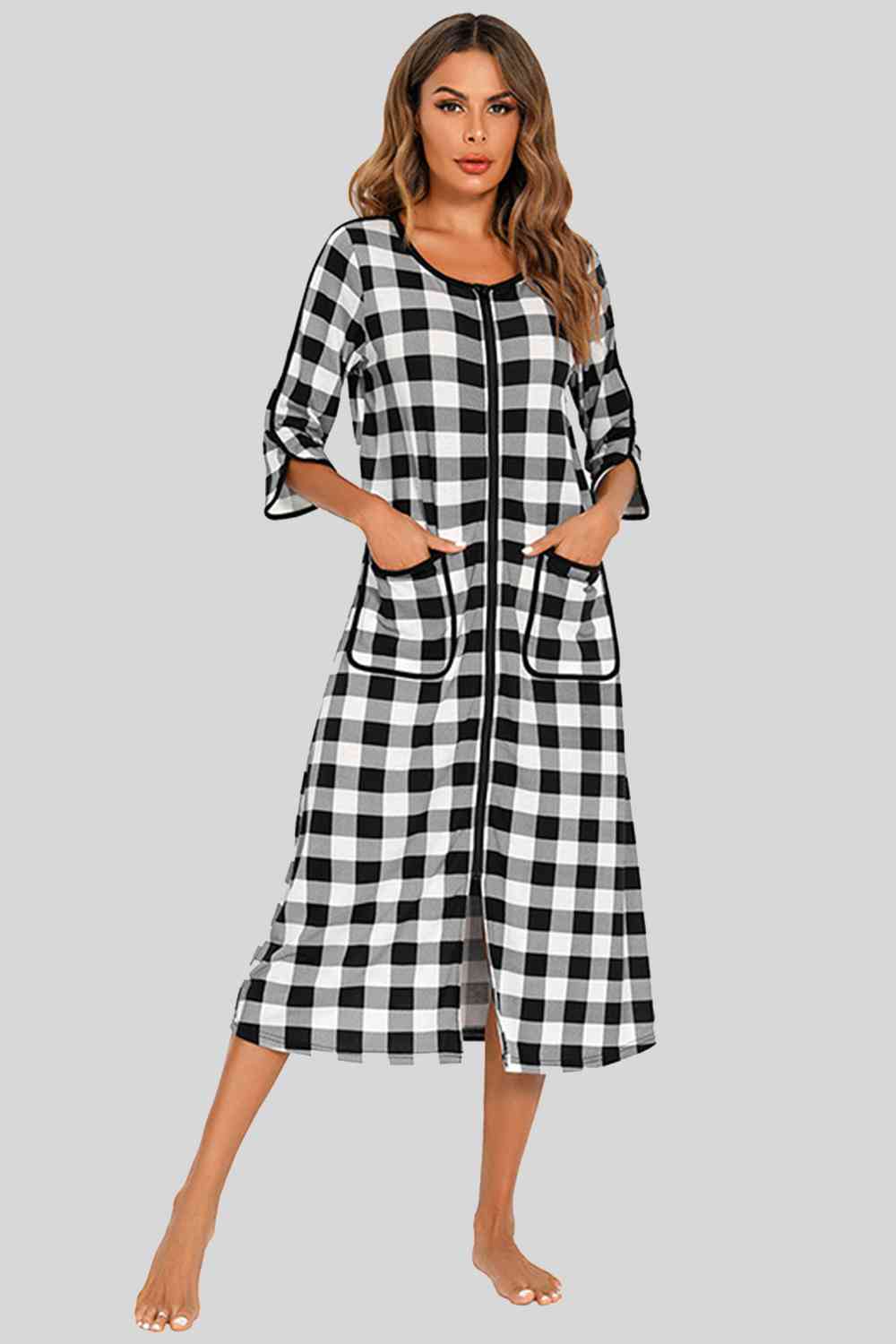 Round Neck Three-Quarter Sleeve Midi Night Dress  Shop One Place