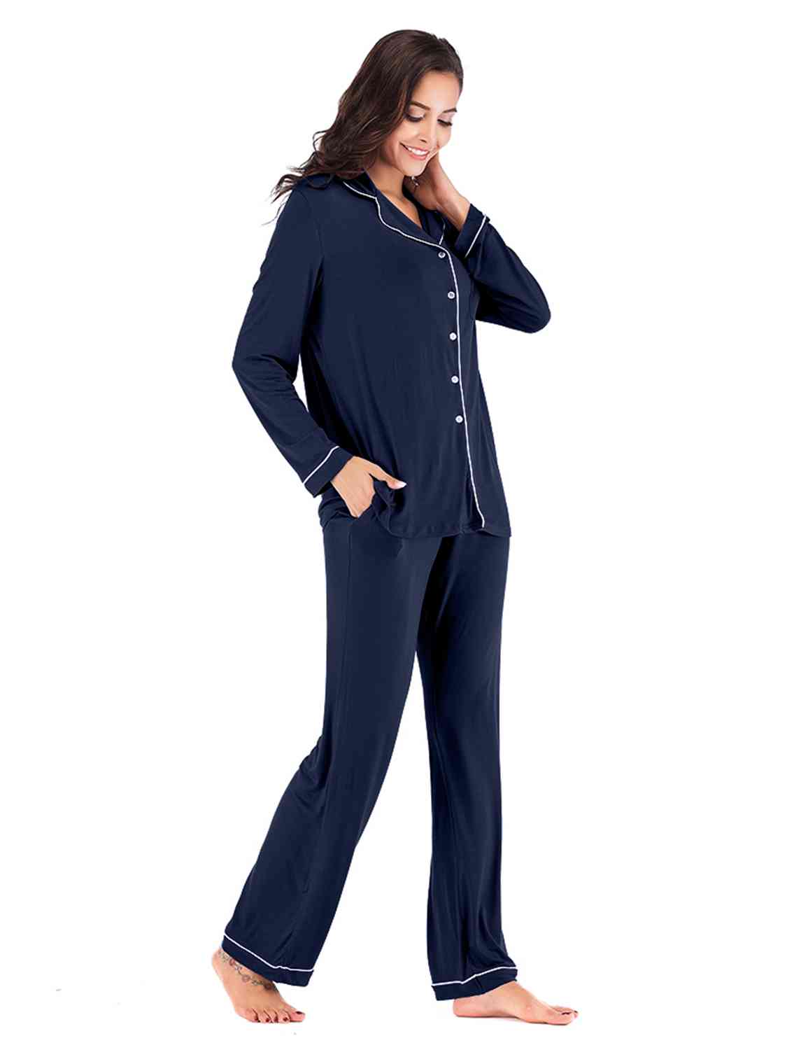 Collared Neck Long Sleeve Loungewear Set with Pockets  Shop One Place