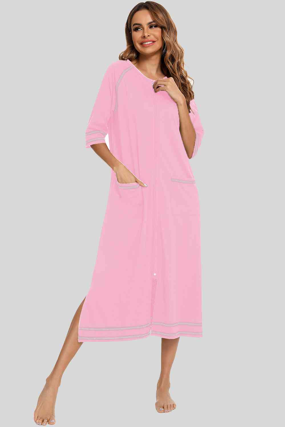 Zip Up Slit Round Neck Night Dress with Pockets  Shop One Place