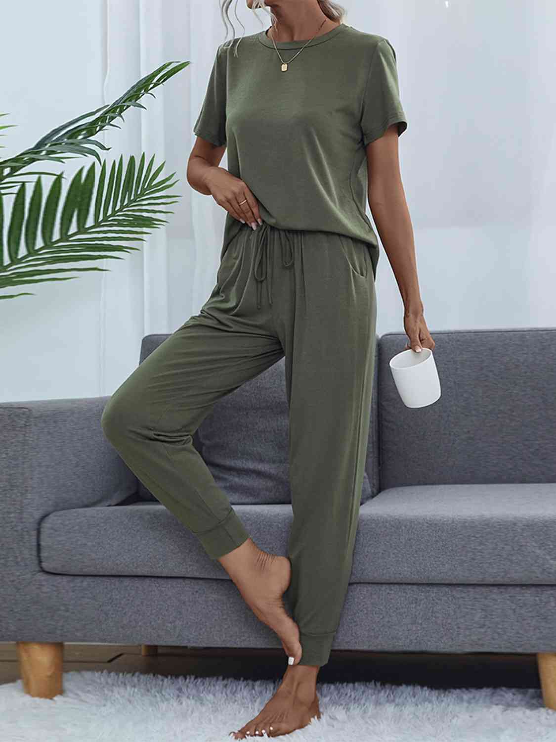 Round Neck Short Sleeve Top and Pants Set  Shop One Place