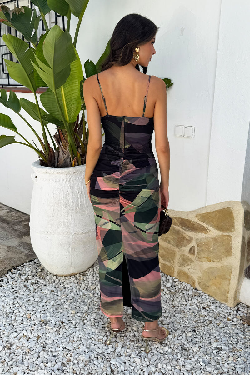 Vestido midi de malla con estampado de hojas, tirantes y detalle de nudo