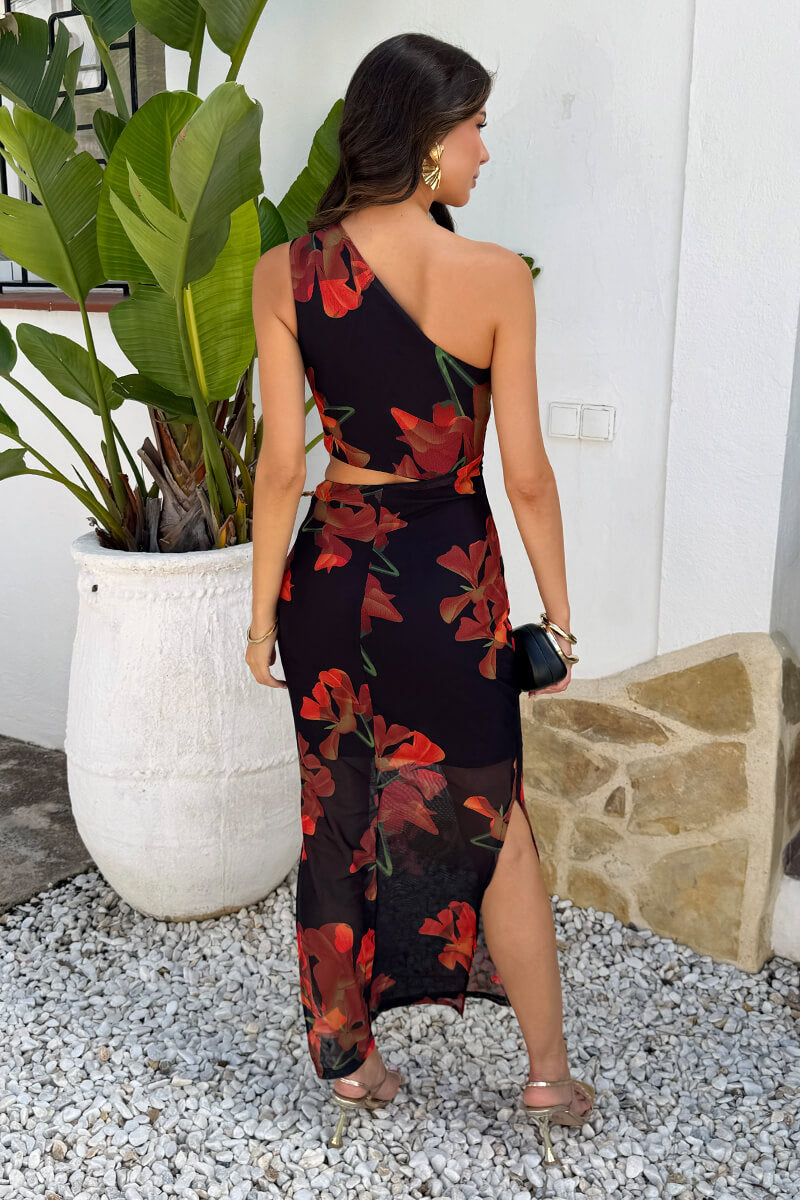 Vestido midi de malla con estampado floral negro y naranja, de un solo hombro y con aberturas