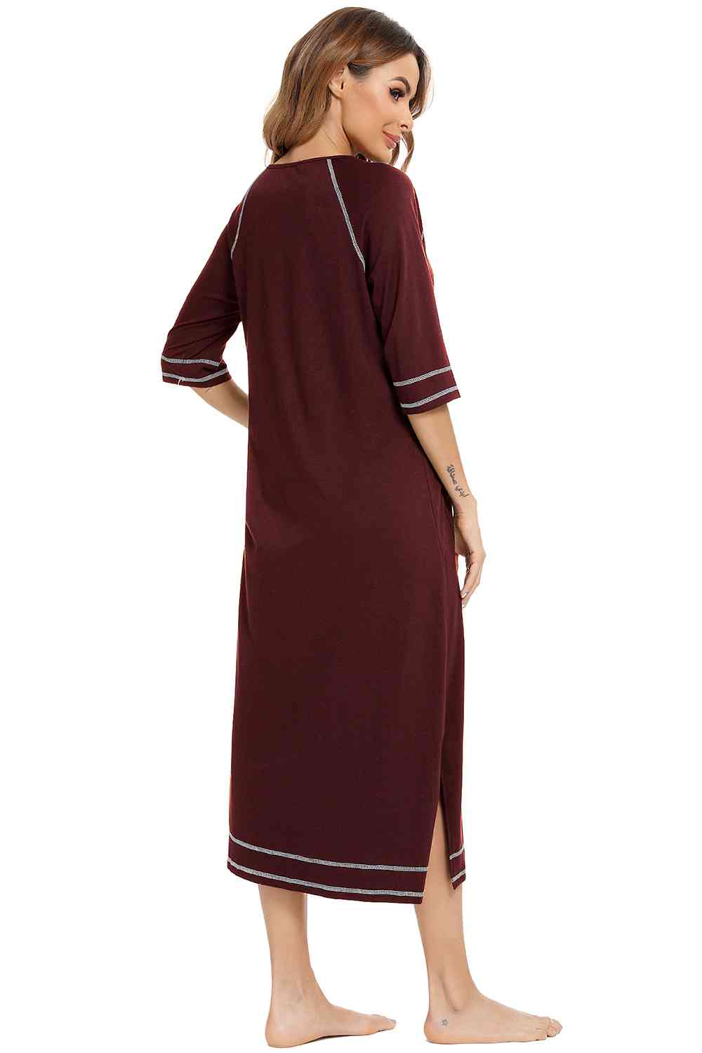 Zip Up Slit Round Neck Night Dress with Pockets  Shop One Place