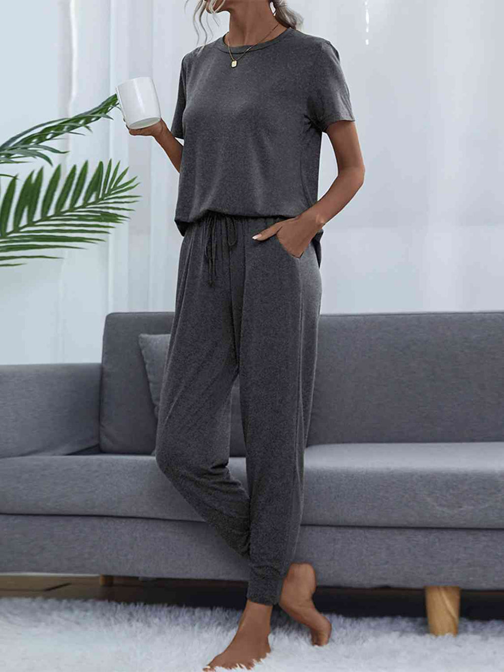 Round Neck Short Sleeve Top and Pants Set  Shop One Place