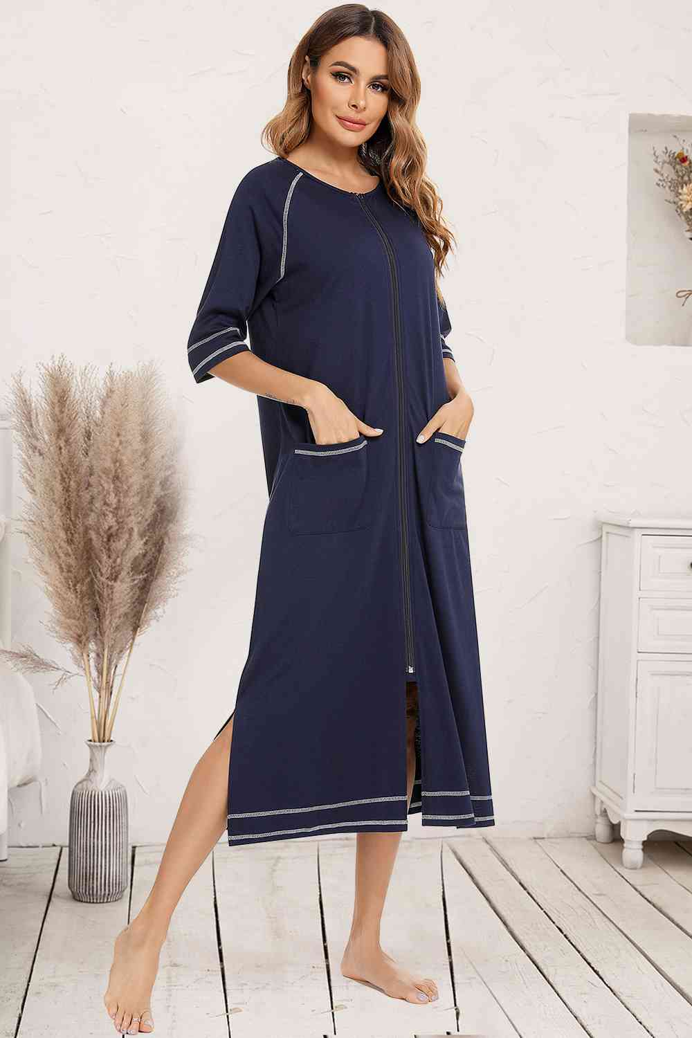 Zip Up Slit Round Neck Night Dress with Pockets  Shop One Place