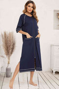 Zip Up Slit Round Neck Night Dress with Pockets  Shop One Place