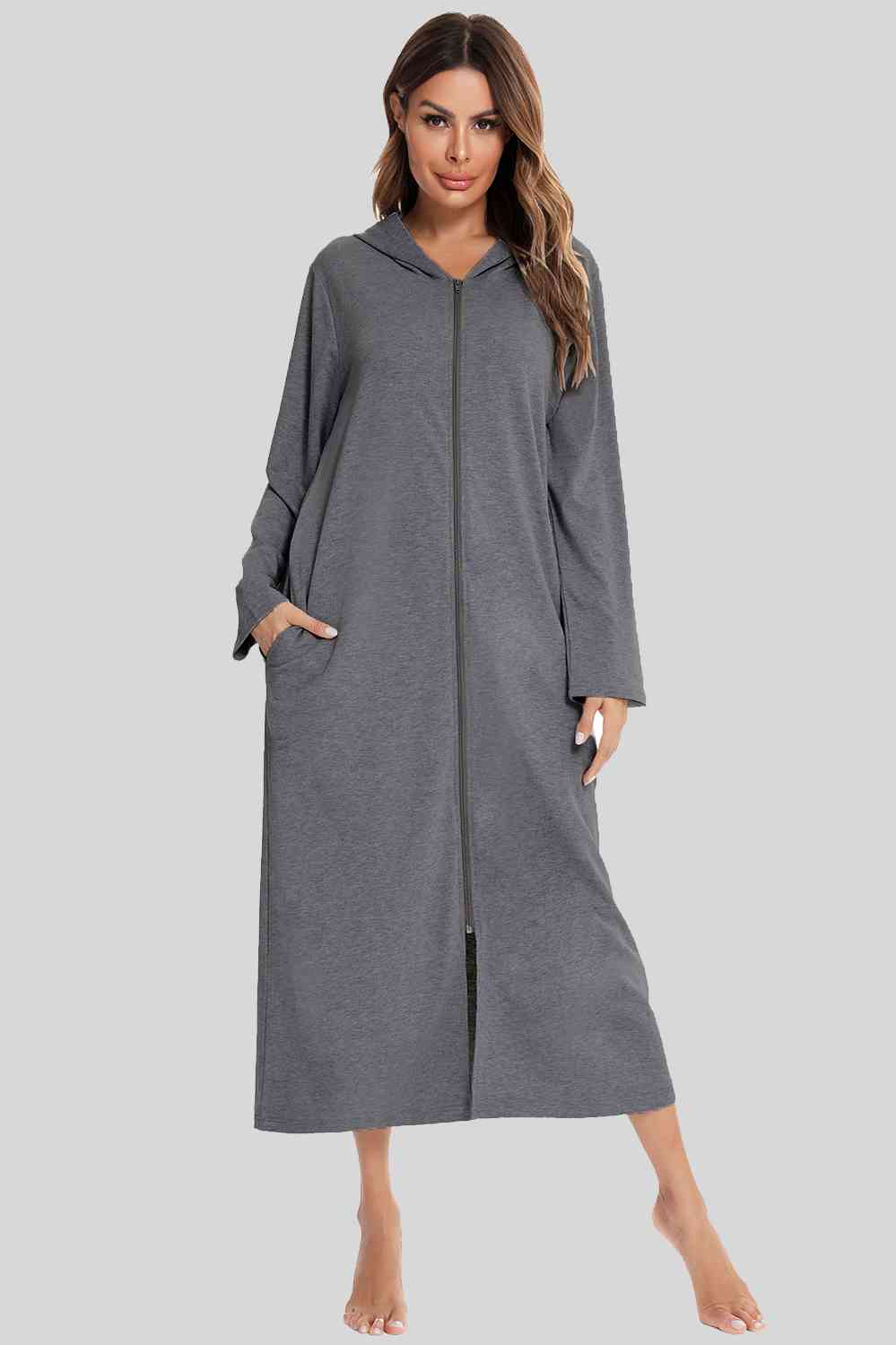 Zip Front Hooded Night Dress with Pockets  Shop One Place