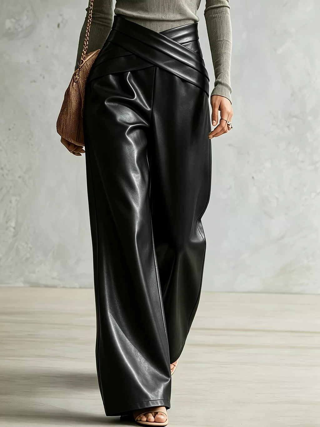 Pantalones de pierna ancha para mujer con detalle cruzado: pantalones fluidos de largo completo, S–XXL
