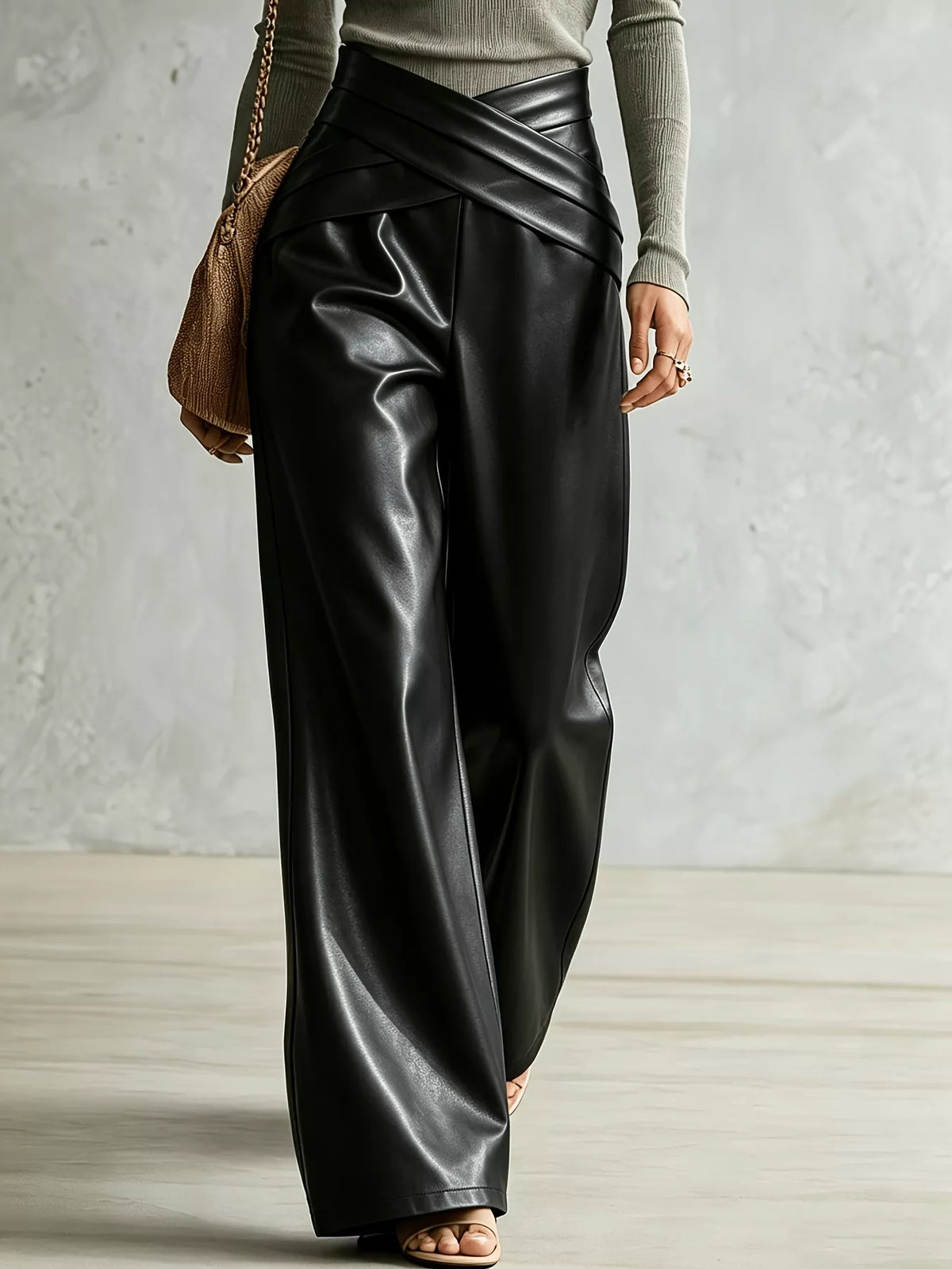 Pantalones de pierna ancha para mujer con detalle cruzado: pantalones fluidos de largo completo, S–XXL