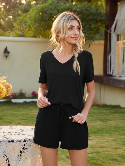 V-Neck Short Sleeve Top and Pocketed Shorts Lounge Set  Shop One Place