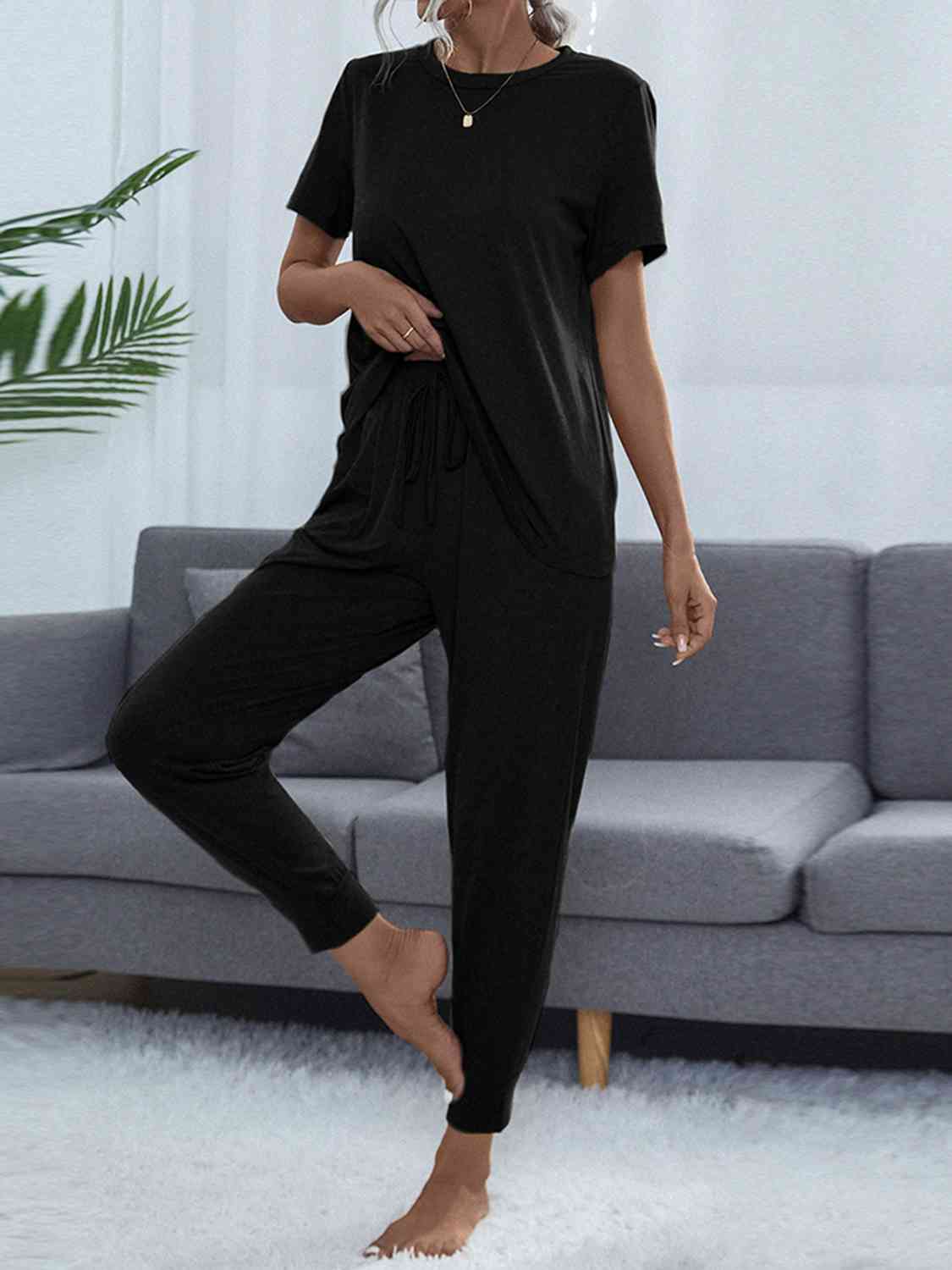 Round Neck Short Sleeve Top and Pants Set  Shop One Place