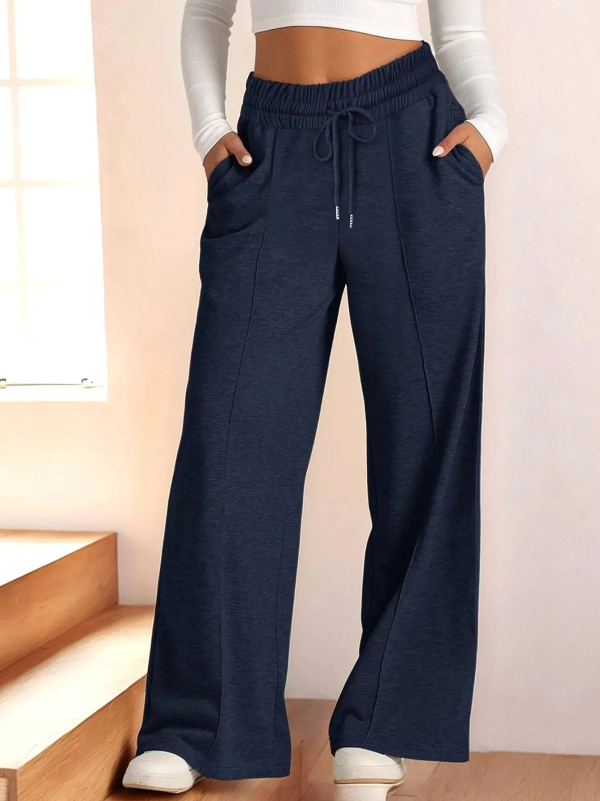 Pantalones de pierna ancha de talla grande, con cordón y ajuste relajado