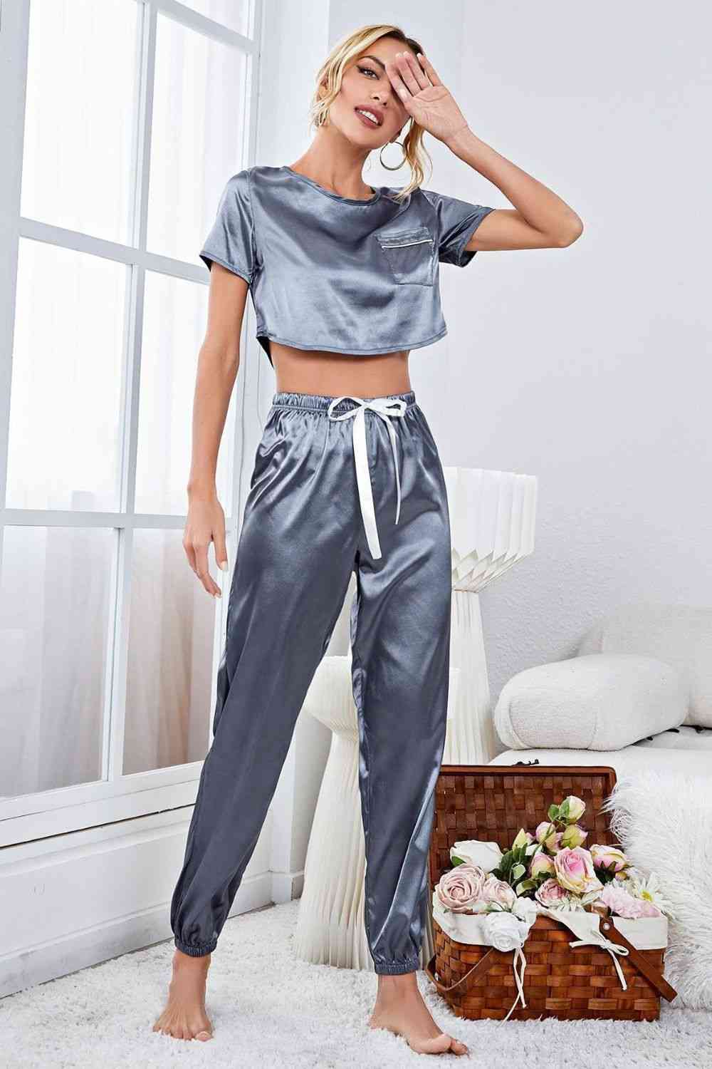 Satin Short Sleeve Crop Top and Joggers Lounge Set  Shop One Place