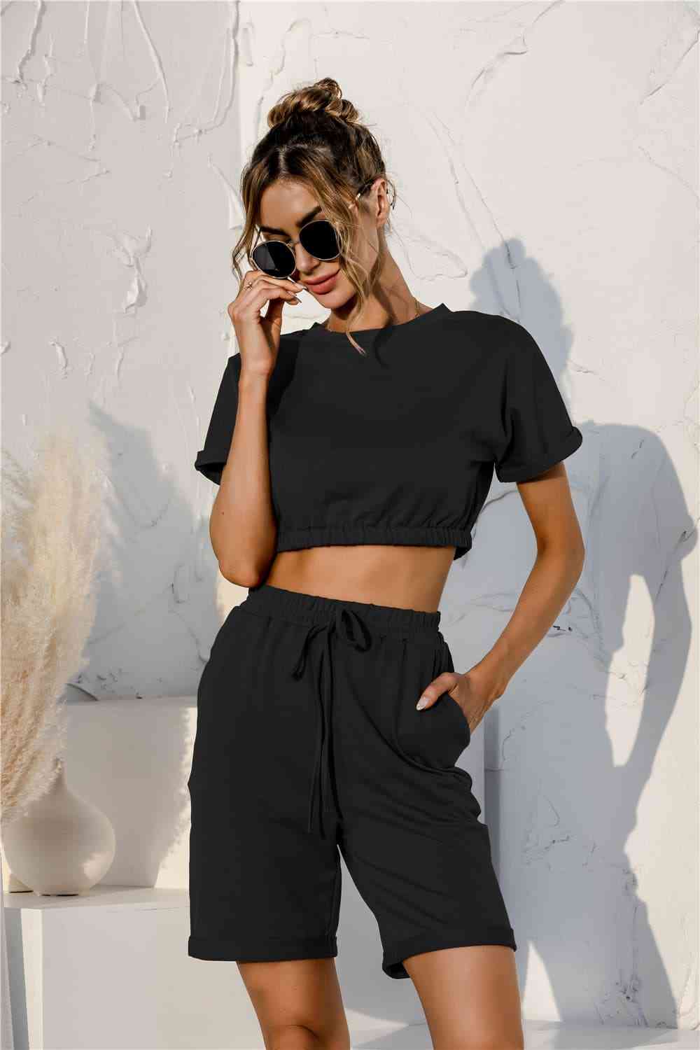 Short Sleeve Cropped Top and Drawstring Shorts Lounge Set  Shop One Place