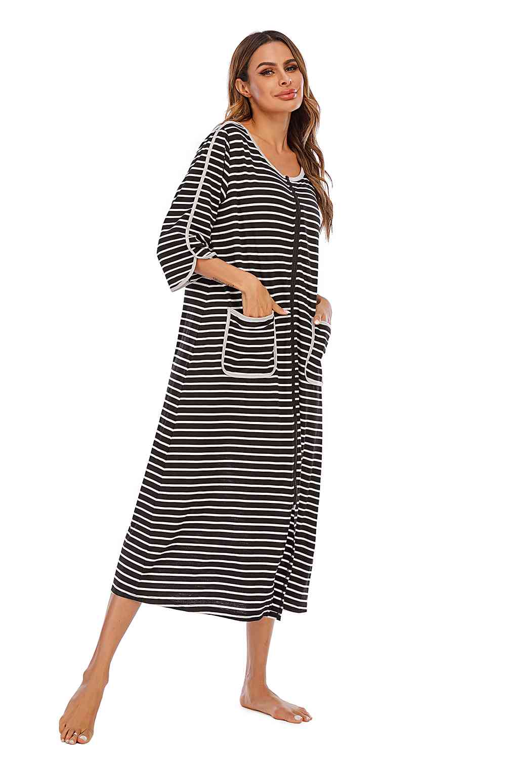 Round Neck Three-Quarter Sleeve Midi Night Dress  Shop One Place