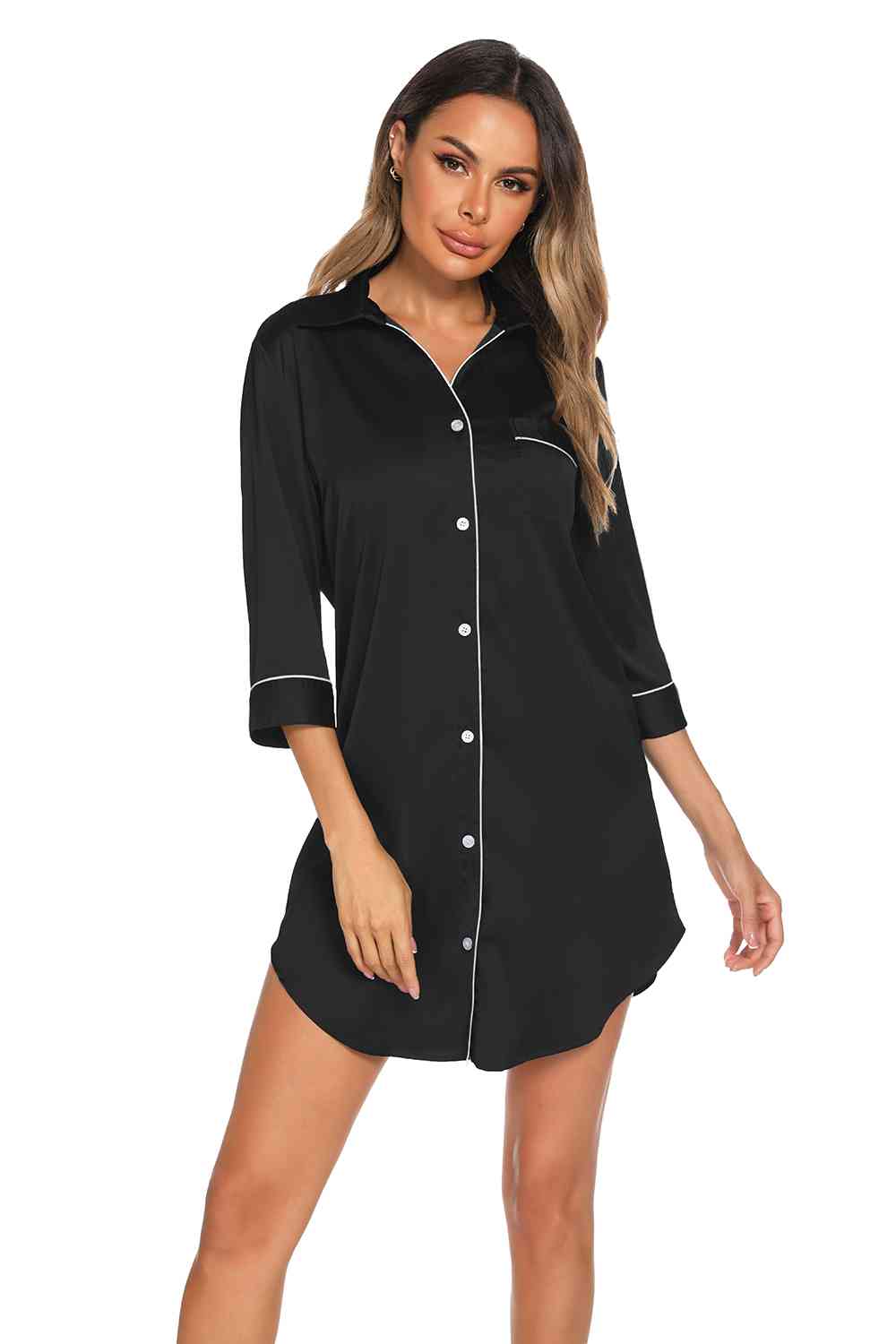 Button Up Collared Neck Night Dress with Pocket  Shop One Place