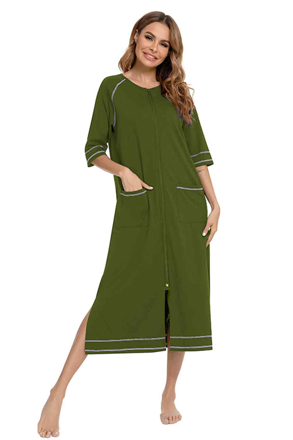 Zip Up Slit Round Neck Night Dress with Pockets  Shop One Place