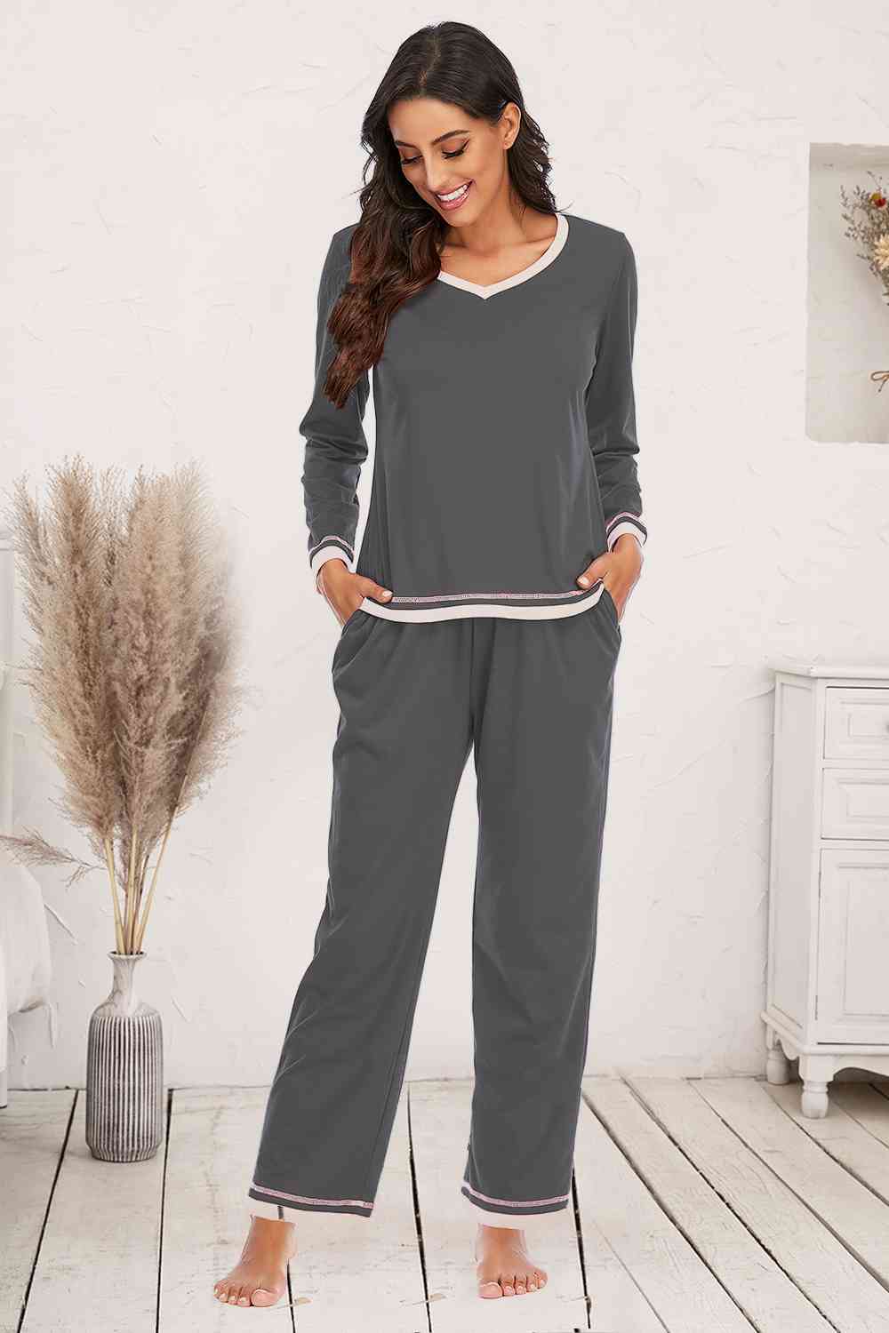 V-Neck Top and Pants Lounge Set  Shop One Place