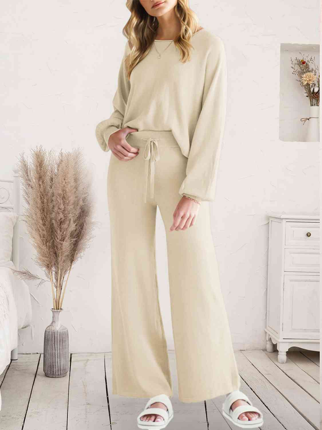 Long Sleeve Lounge Top and Drawstring Pants Set  Shop One Place