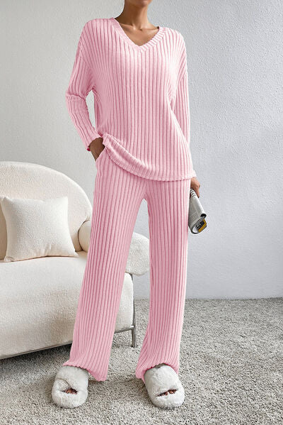 Ribbed V-Neck Top and Pants Lounge Set  Shop One Place