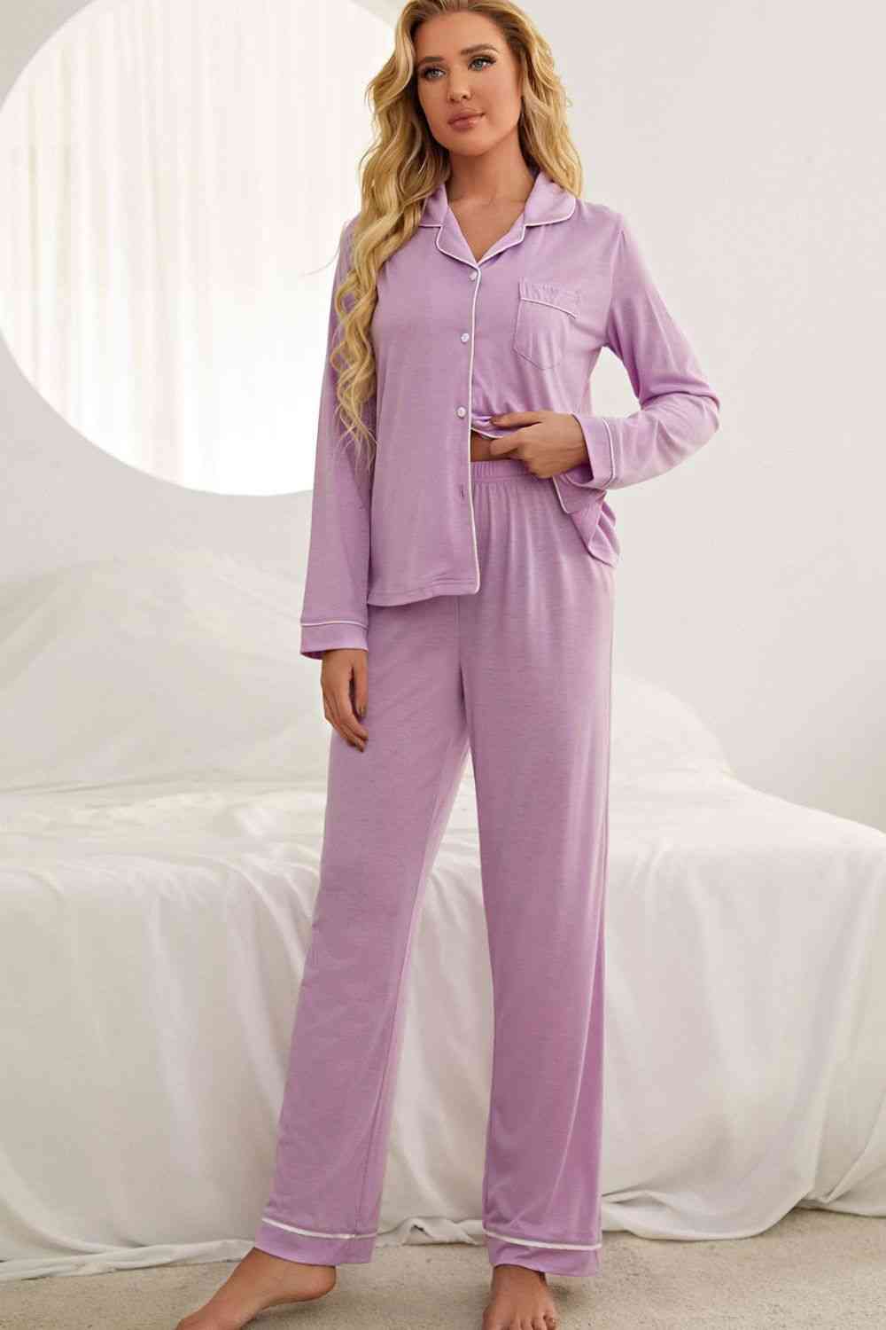 Contrast Piping Button Down Top and Pants Loungewear Set  Shop One Place