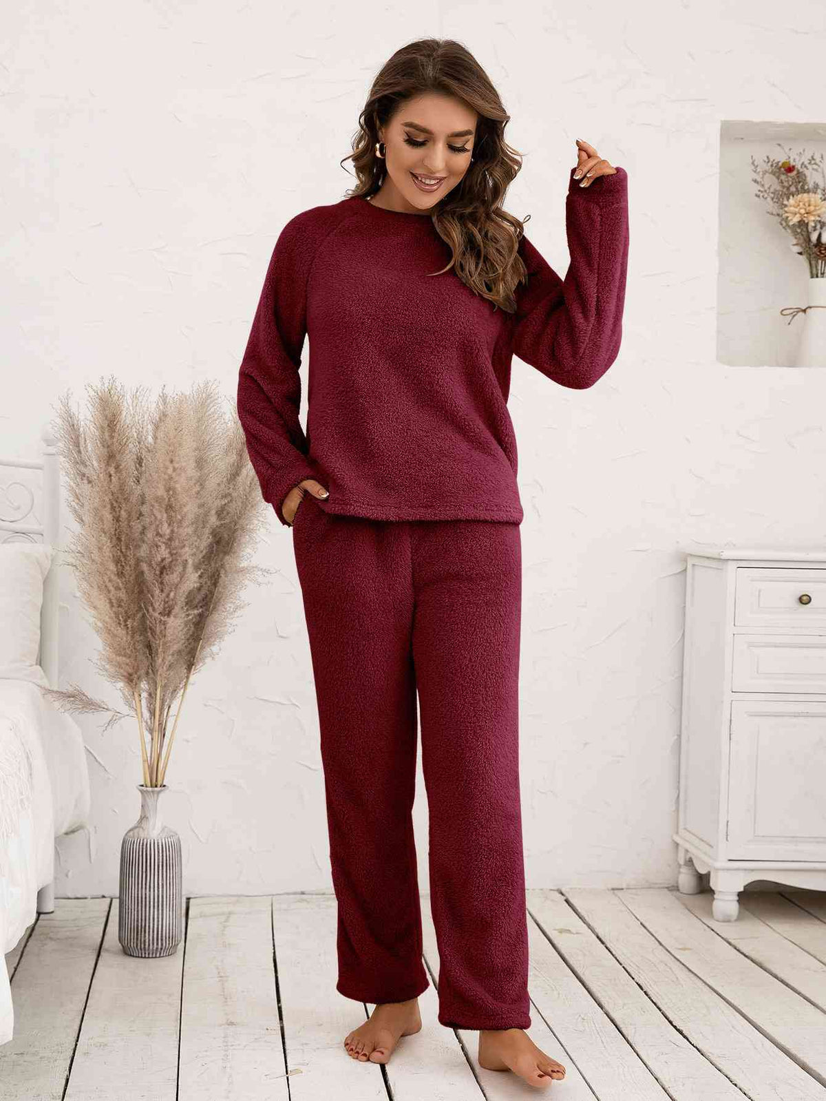 Teddy Long Sleeve Top and Pants Lounge Set  Shop One Place