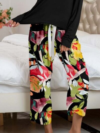 Round Neck Top and Printed Pants Lounge Set  Shop One Place