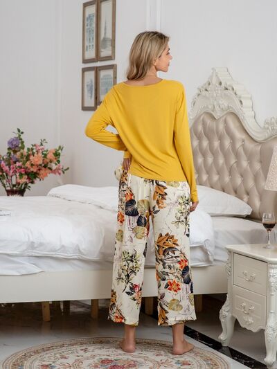 Round Neck Top and Printed Pants Lounge Set  Shop One Place
