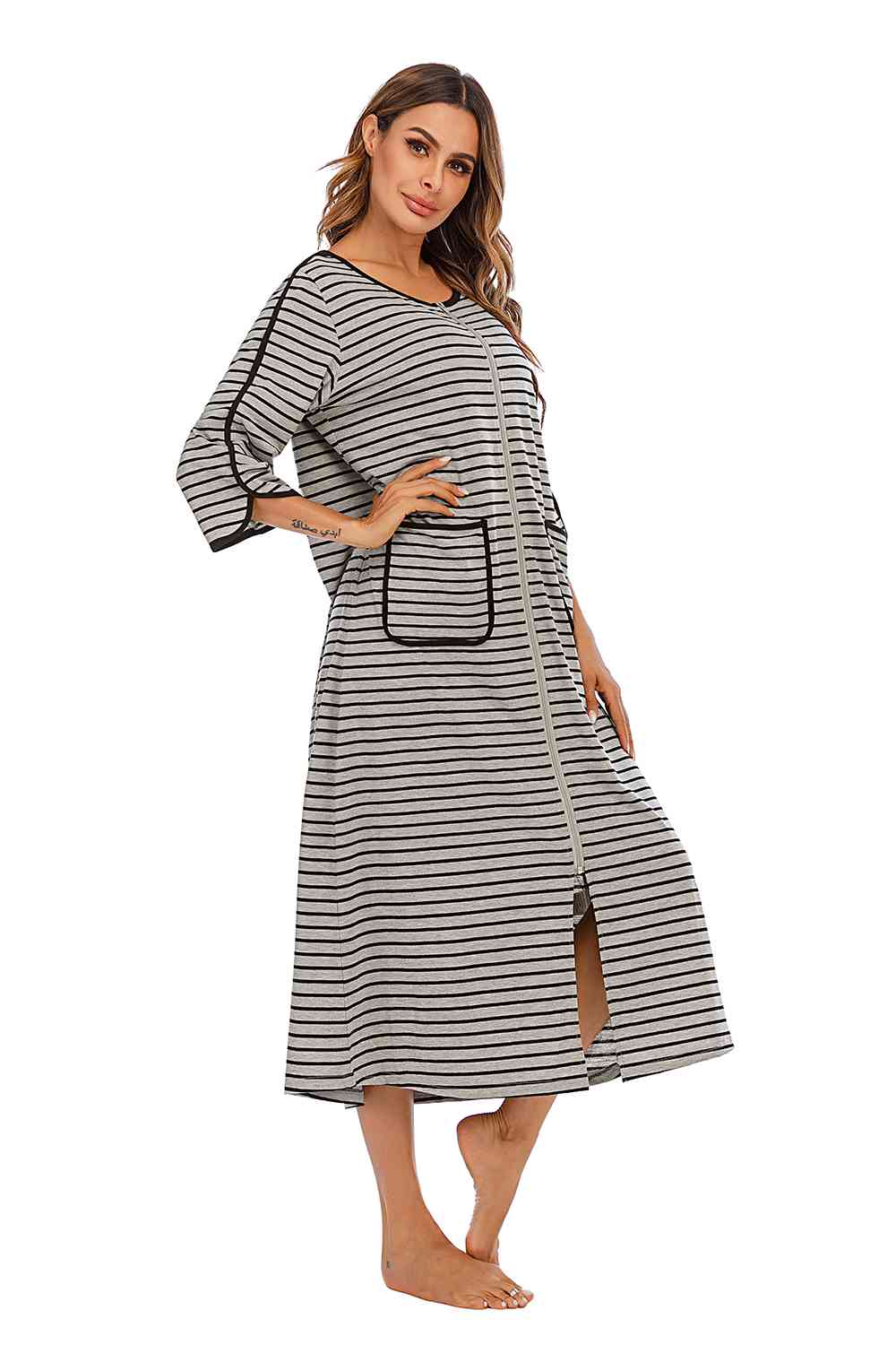 Round Neck Three-Quarter Sleeve Midi Night Dress  Shop One Place