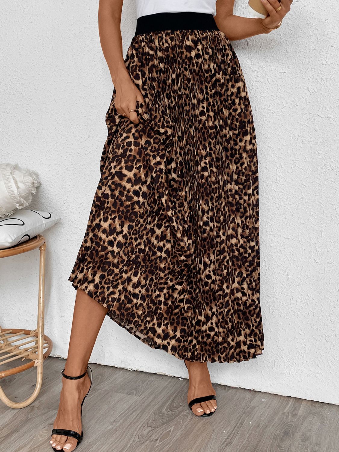 Falda larga plisada de leopardo Perfee