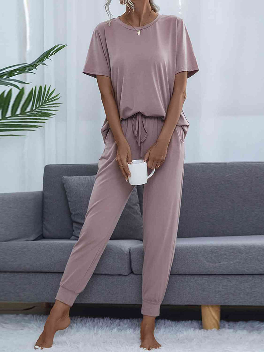 Round Neck Short Sleeve Top and Pants Set  Shop One Place