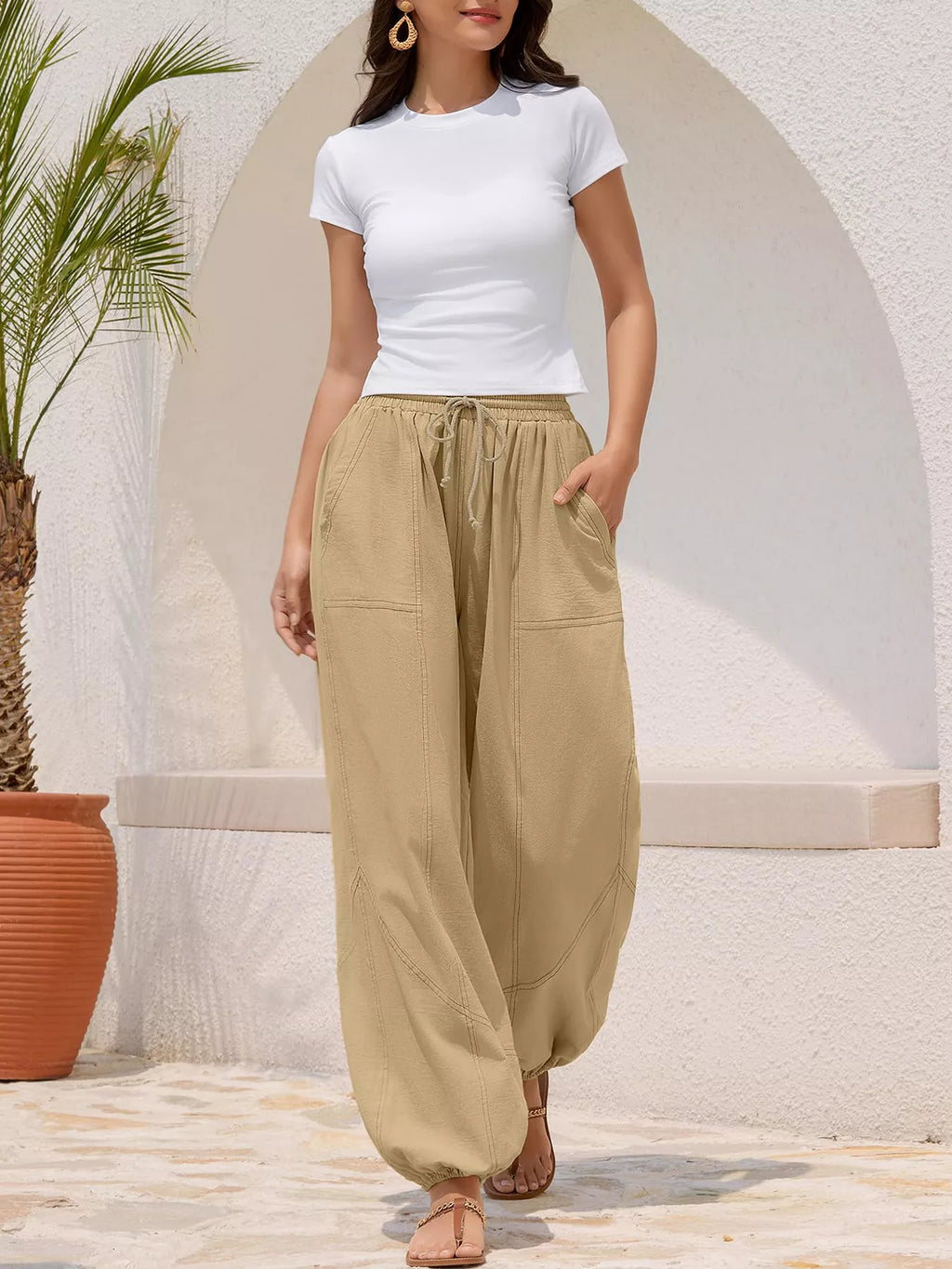 Pantalones jogger harén de ajuste holgado casuales con cordón para mujer